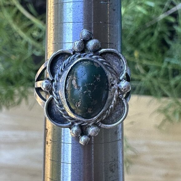 Vintage Navajo Ring Size 6.25‎ Blooming Flower Green Turquoise 925 Sterling 4.4g - Picture 2 of 6